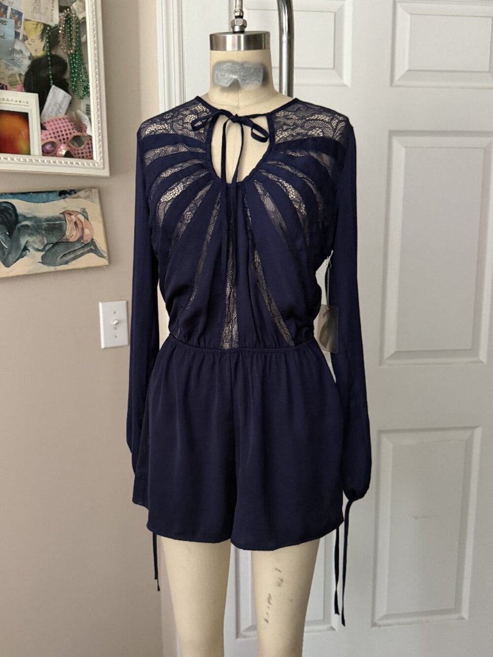 FOREVER 21 Blue Silky Crochet Lace Collar Cocktail JUMPSUIT Romper *SMALL*
